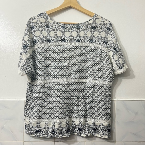 C Wonder White Blue Small Crochet Short Sleeves Boho Chic Summer Casual Top - Picture 5 of 8